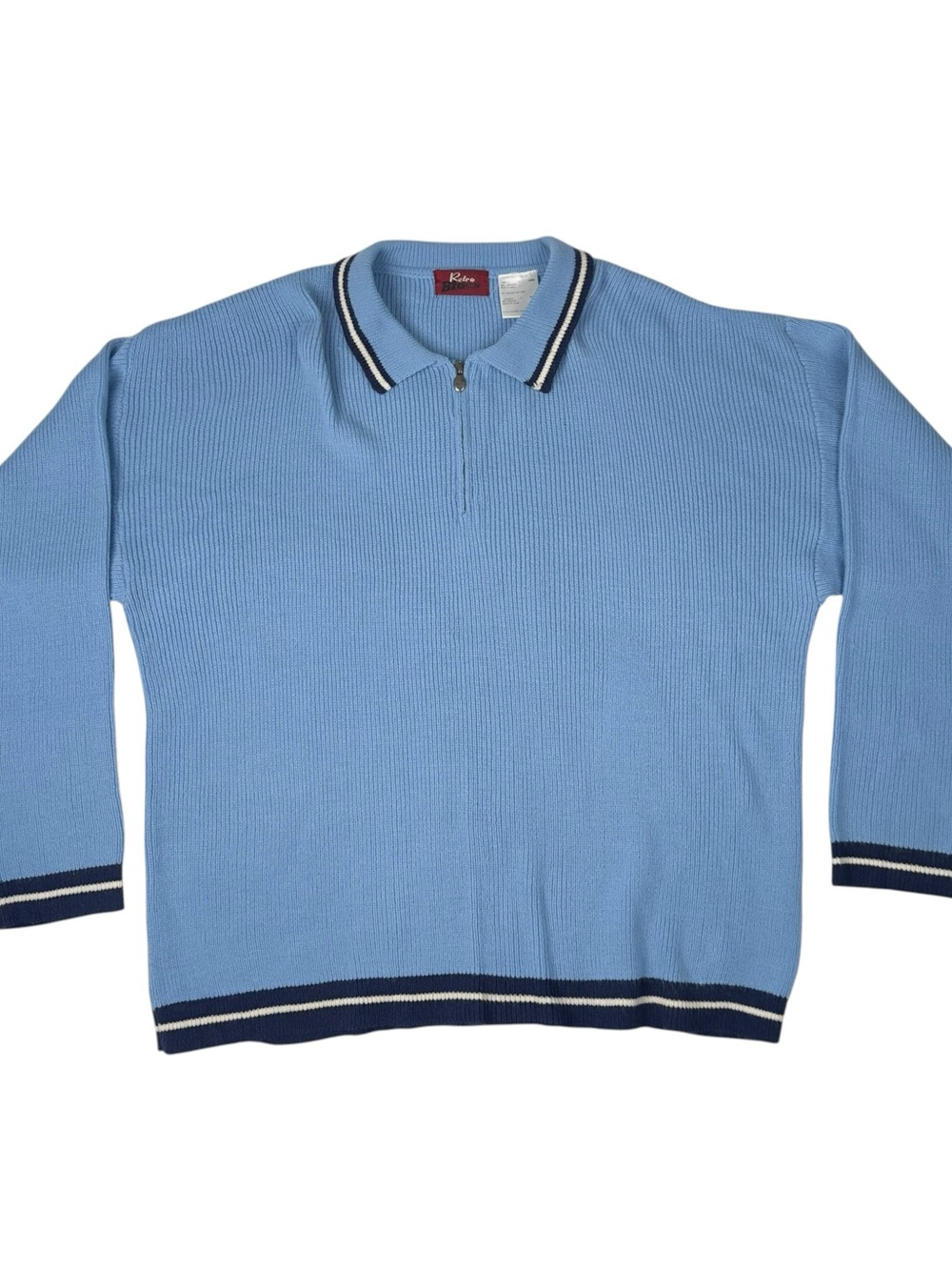 Vintage Retro Blues Quarter Zip Sweater Large Light Blue Ribbed Stripe Y2K 90s